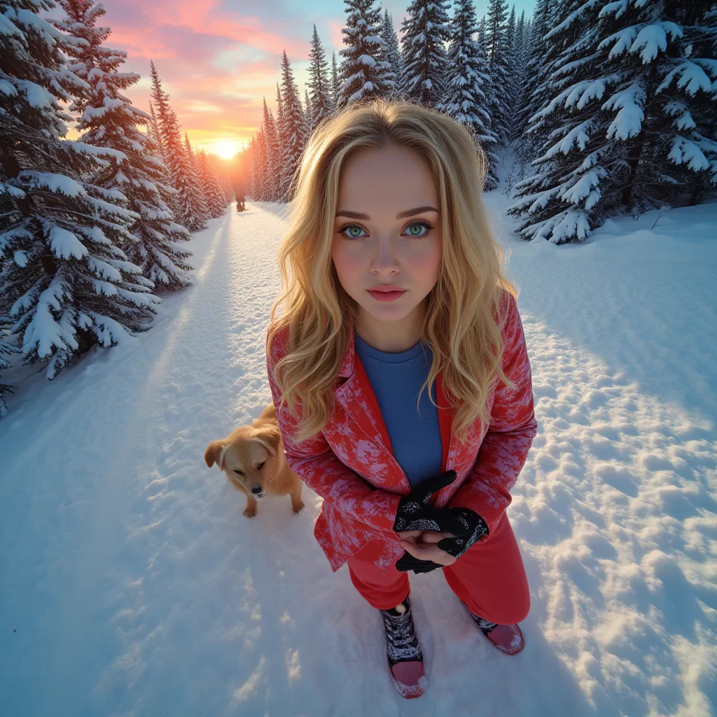 Impressionism featuring Angelina Jolie, cosmic nebula, Skiing Enchanted Forest. She is Retro chic., with long blond wavy hair and piercing green eyes. Scene is Mysterious, with Sunset glow and Sunshine and clouds. Inspired by "Stranger Things", in Impressionism style. Includes Golden retriever.. Overhead view shot. Ultra-high resolution, stunning details, vivid colors, highly immersive.