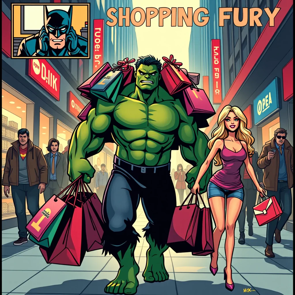 Create a comic book cover that captures the comedic clash between Hulk and Barbie's contrasting lifestyles. The title should be prominent and rendered in a bold, eye-catching font consistent with comic book branding. Cover Title: "Shopping Fury: Hulk's Heavy Lifting, Barbie's Blissful Bargains". Illustrate Hulk in a busy New York street filled with shops, struggling and barely managing to carry dozens of shopping bags and packages purchased by Barbie. Barbie walks in front of him, smiling and chatting on her phone, already thinking about her next purchases. In a panel at the top corner, depict Batman with a look of shock, hands on his head, staring at his computer monitor where the display shows his credit card balance at zero. The background should show vibrant city life and stylish storefronts, emphasizing the bustling shopping scene. The cover should exude a classic comic book aesthetic with bold, dynamic lines and vibrant colors. Thought bubbles and captions should further enhance the humor and absurdity of the situation, adding depth to the characters and storyline. Illustration.