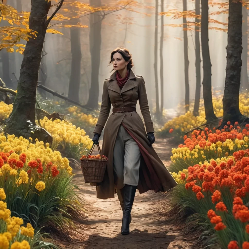 woman 30 years old, ultra-realistic, stylishly executed in Italian watercolor, full-length portrait, artistic autumn flowers, forest,  an artistic style that combines the elegance of line with the vibrancy of watercolor brushstrokes. The work is highly detailed, with sharp focus and smooth transitions, (for his complex and flowing lines), (for his bold use of color and texture), (for his light and airy compositions) and (for his hyper-realistic character designs and matte painting techniques). The camera angles are dramatic and expressive, and the images capture the essence of matte painting concept art. style of Jean Baptiste Monge, Thomas Kinkade, David Palumbo, Carne Griffiths.