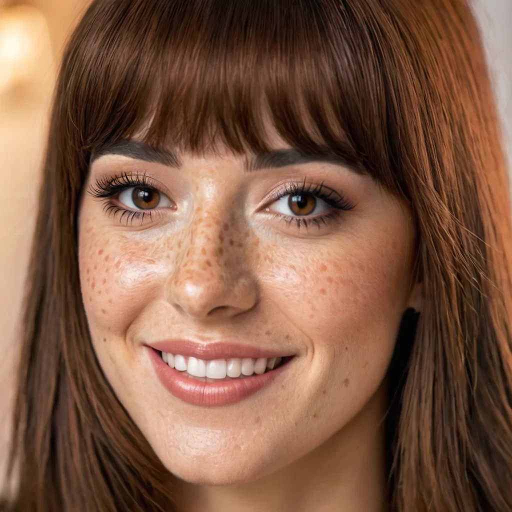 beautiful lady, (freckles), big smile, brown hazel eyes, Full Bangs, dark makeup, hyperdetailed photography, soft light, head and shoulders portrait, cover