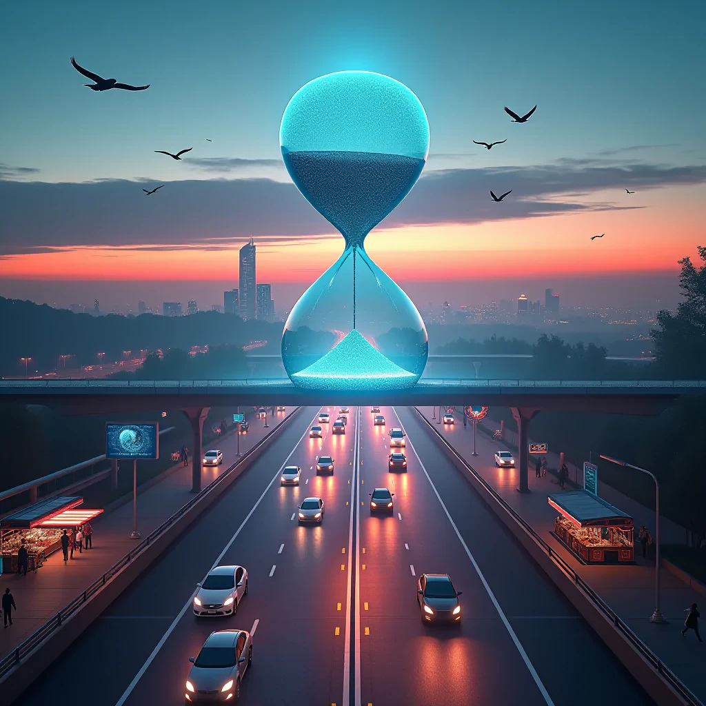 A massive, glowing hourglass floats majestically above a bustling futuristic highway, the crystalline sands inside shimmering as they cascade slowly downward. Below, cars of all shapes and sizes race past, their neon-lit trails creating streaks of color that blend into the twilight. Hoverbikes dart between the lanes, while billboards flicker with holographic advertisements that change in real-time. On the sides of the road, pedestrians navigate bustling markets, vendors selling exotic foods and crafts in vibrant, glowing stalls. A distant city skyline twinkles with light, while flocks of mechanical birds soar in synchronized patterns above. Captured in ultra-realistic detail with a Sony Alpha 1, the dynamic dolly shot emphasizes the movement and energy of the scene, with every grain of sand and flicker of light captured in stunning clarity. Inspired by Philip-Lorca diCorcia’s staged photography, the composition feels alive with the interplay of time and speed