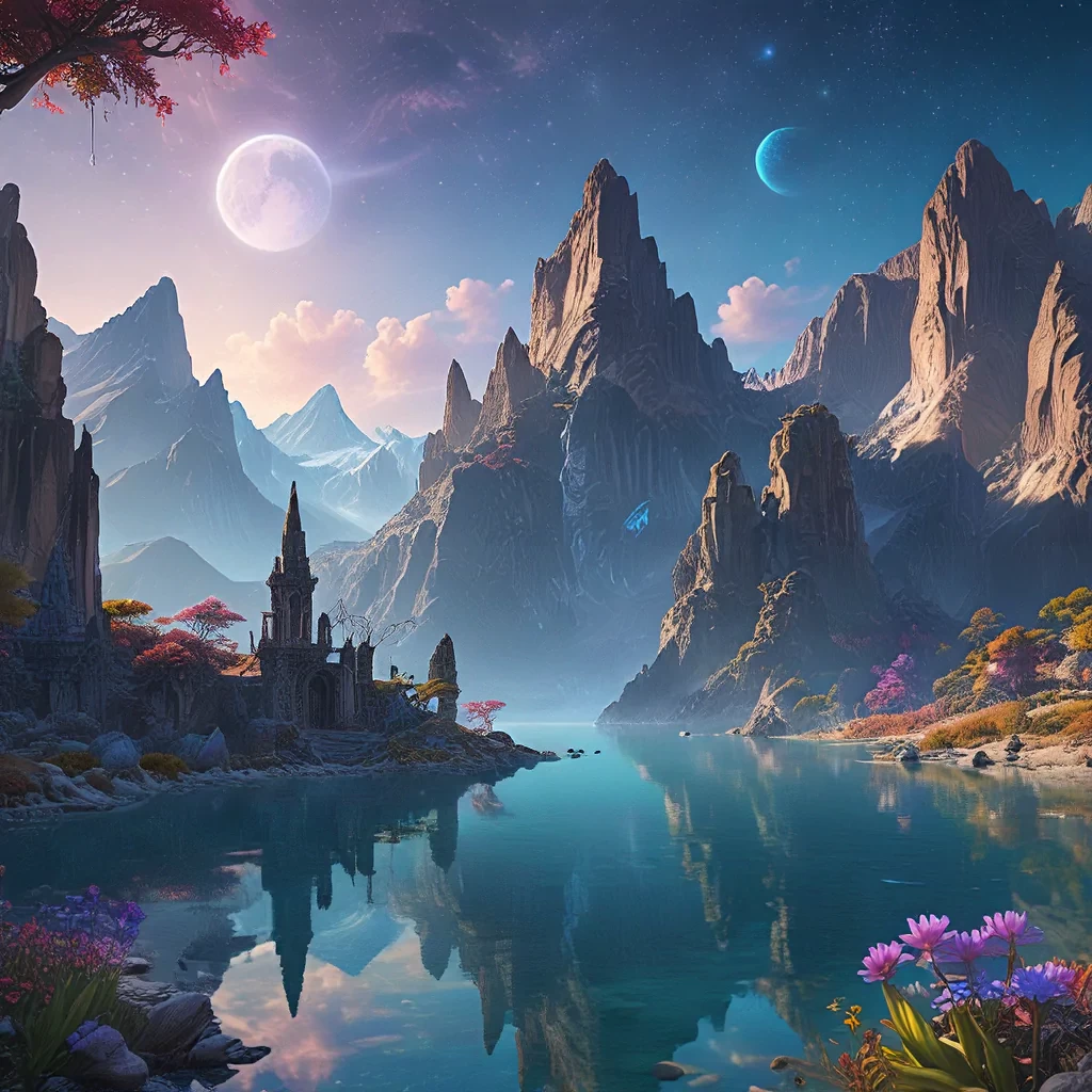 A breathtaking fantasy landscape featuring towering crystal mountains, vibrant alien flora, and a serene azure lake under a star-filled sky with two moons, detailed foreground with luminescent flowers and ancient ruins, vibrant colors, epic scale, 4K resolution