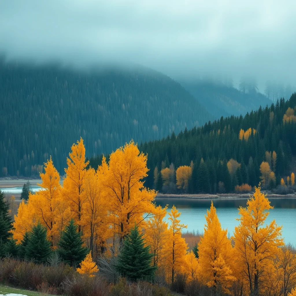 green and yellow trees rustic landscape, near a lake, in ice age, 8k --ar 2:3 --v 5 --s 750