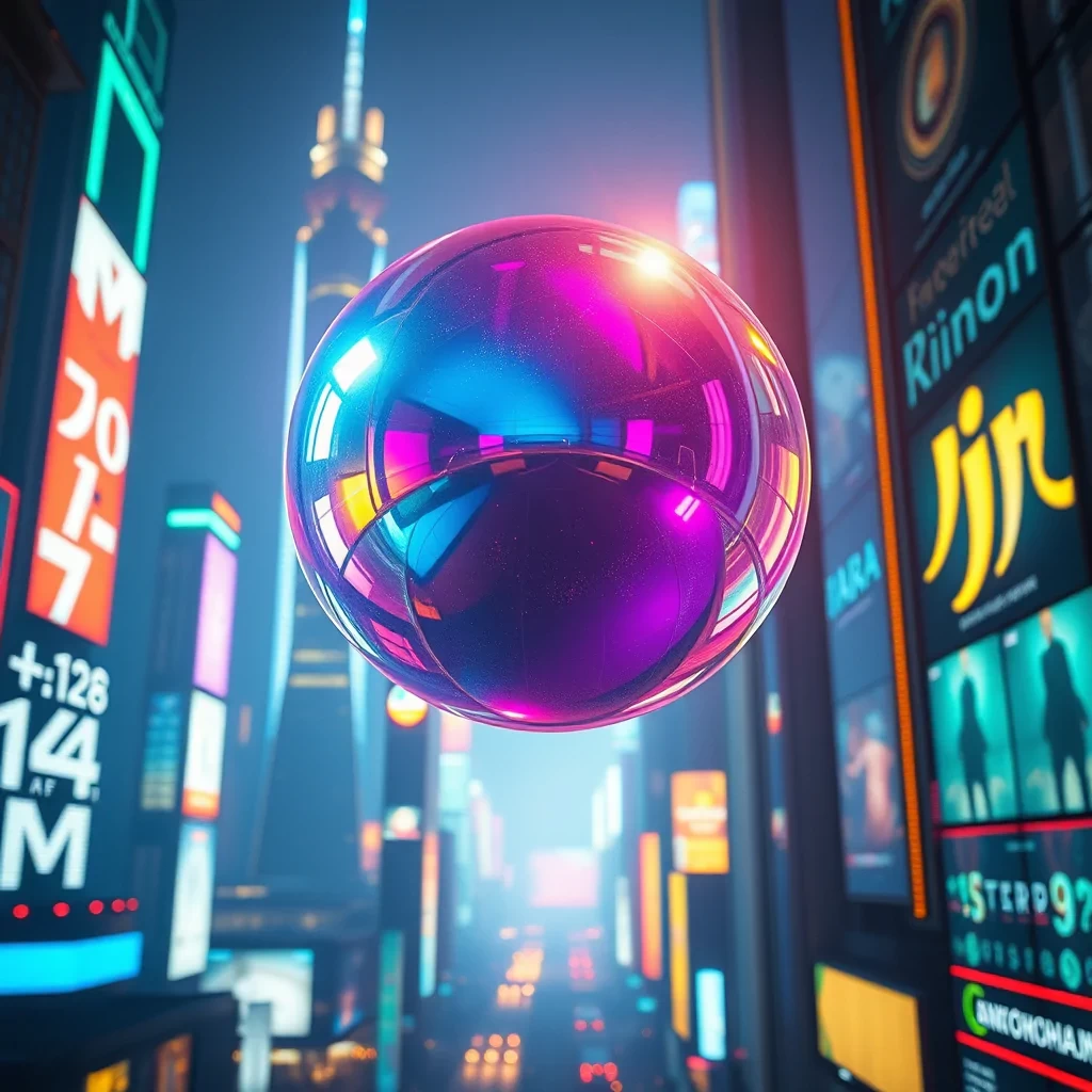 A shimmering, iridescent sphere hovers in mid-air above a neon-lit futuristic cityscape, bathed in the glow of towering skyscrapers and holographic billboards. The scene feels alive with vibrant colors and soft bokeh effects, as captured by a Canon EOS 5D Mark IV with a shallow depth of field. Drawing inspiration from the works of Syd Mead and Daniel Arsham, the composition blends cyberpunk aesthetics with modern art, creating a surreal, glowing atmosphere that pulses with energy.