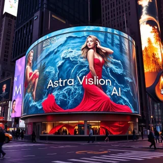 A giant curved billboard in times square, featuring a Russian woman in a long sensual red dress immersed in a flowing river, her hair is silky, illuminated by forest fires in the background. the text says "AstraVision AI".
