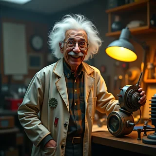 A quirky inventor in his mid-60s stands proudly next to his latest creation in his cluttered workshop. He has wild, Einstein-like white hair, twinkling blue eyes behind round spectacles, and an excited grin. His face is smudged with grease, and he's wearing a lab coat covered in colorful stains and patches. The background is filled with an assortment of bizarre contraptions, blueprints, and tools. Soft, warm lighting from an old-fashioned desk lamp illuminates the scene.