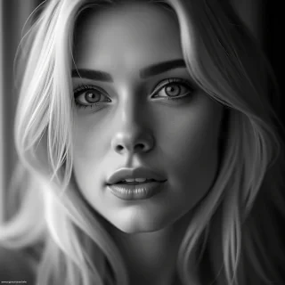 A pretty woman photograph in black and white, capturing a pretty blond European woman. with " Small text "AstraVision" at bottom right corner,