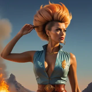 Oil painting, Cartoon of a Sensual athletic Slovak (Woman:1.3) Fire mage, she is feeling very insecure, she is wearing a 1960s mod fashion, The 1960s mod fashion is tailored by Ralph Lauren, Leaning forward, Fauxhawk hairstyle, Voluminous hair, at Sunset, horizon-centered, Crystal Cubism, dramatic lighting, Sepia filter, [art by Paul Lehr, (Bruno Catalano:0.7) ::2]