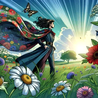 A dramatic comic book spread featuring a woman with a flowing cape standing in the middle of a vast, blooming meadow. Her long hair is tousled by the wind, and she wears a striking outfit that combines modern elegance with floral motifs. The meadow is alive with colorful flowers, ranging from delicate daisies to bold sunflowers, and the sky above is a clear, bright blue. Butterflies and bees buzz around, adding to the sense of life and beauty in nature. Her pose is heroic, with one hand on her hip and the other reaching out as if she is about to summon the power of nature