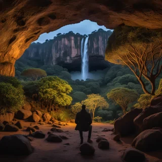 photograph, landscape of a Mythical Grotto from inside of a Harare, at Twilight, Depressing, Cloudpunk, Cold Lighting, dynamic, Nikon d850, Depth of field 270mm, Amaro, Golden ratio