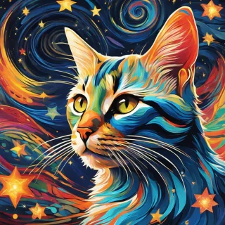 Generate an awe-inspiring and surreal digital painting of a mystical cat adorned with intricate patterns, floating amidst a swirling vortex of vibrant colors and shimmering stars. Capture the essence of Van Gogh's "Starry Night," with bold brushstrokes and a dreamy, otherworldly atmosphere.