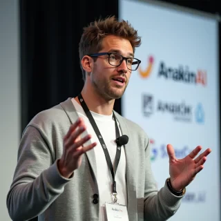 A charismatic speaker is captured mid-speech. He has short, tousled brown hair that's slightly messy on top. He has a round circle face, clean shaven, adorned with rounded rectangular-framed glasses with dark rims, is animated as he gestures with his left hand. He is holding a black microphone in his right hand, speaking passionately.  The man is wearing a light grey sweater over a white t-shirt. He's also wearing a simple black lanyard hanging around his neck. The lanyard badge has the text "Anakin AI".  Behind him, there is a blurred background with a white banner containing logos and text (including Anakin AI), a professional conference setting.