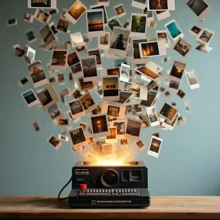 A machine generating endless of polaroid images and blowing them up into the air. Realistic National geographic photo