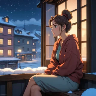 lofi anime drawing of an extremely beautiful woman with hair in a messy bun sitting next to a window, snowy night, pondering life, relaxed expression, beautiful colors, studio ghibli, anime style, drawing, beautiful detailed eyes, illustration, clean, high quality, extremely detailed, beautiful, inspiring<lora:SDXLFaeTastic2400:0.8>