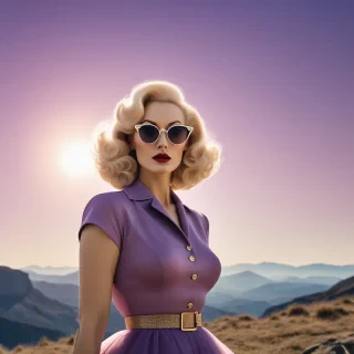 by Ken Loach, photograph, a captivating woman 1950s poodle skirtsed in her early 20s and blonde hair, wields an elegant Browline glasses, beckoning her viewers to take on the surreal landscape. The sun is shining brightly in the sky, casting a golden glow over the scene. Rough sketch, Grim, Animecore, Cold Lighting, double exposure, Kodak Ektar 100, F/5, sharp and in focus, (key visual, cinematic purple Color grading)