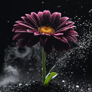 Black art nano splash evaporating flower particle implosion drop and micro splash on black damp background infinity