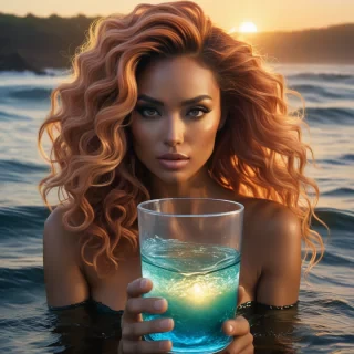 Anime, studio, dense pond, highly detailed, (Female Bond Girl:1.3) , she is Epic and Divine, inside a Shot glass Mermaid waves hair, Wavy hair, at Sunrise, Panorama, Awe, elegant, Grungepunk, Indirect light, macro lens, Agfacolor, stylized by Chuck Close, Bill Watterson and Glenn Fabry