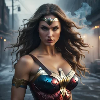 Faded Headshot, faded bottom, faded edges, (1girl face),  close-up,  mysterious silhouette wonder woman, gigantic breasts, by Minjae Lee, Carne Griffiths, Emily Kell, Geoffroy Thoorens, Aaron Horkey, Jordan Grimmer, Greg Rutkowski, amazing depth, masterwork, surreal, geometric patterns, intricately detailed, bokeh, perfect balanced, deep fine borders masterpiece, surrealistic, digital art, Retrofuturism painting art style, nostalgic composition, combines retro aesthetics with futuristic elements, Technical drawing art style, precise and detailed, emphasizes accuracy and clarity, communicates complex ideas visually, geometrical pattern, triangles and magical circle, circles and squares, lines and zigzags,   character concept art, patterned background, by Carne Griffiths, watercolor painting by Shohei Otomo, art by Hokusai, rule 63, Aerosol paint art style, spray painted, vibrant colors, surrealistic painting, grotesque, seamless blending, dynamic compositions, bold contrasts, urban aesthetic, professional-grade results <lora:xl_more_art-full_v1:0.8> <lora:add-detail-xl:0.8> <lora:FadedHeadshot:0.9>