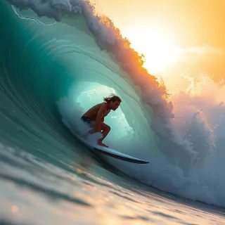 A surfer riding a massive wave at sunrise, his body leaning forward with intense focus. The wave is a stunning shade of turquoise, with white foam splashing around him. The rising sun in the background casts a warm, golden hue over the scene, enhancing the sense of action and energy.