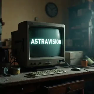 detailed cinematic dof render of an old dusty detailed CRT monitor on a wooden desk in a dim room with items around, messy dirty room. On the screen are the letters “ASTRAVISION” glowing softly. High detail hard surface render