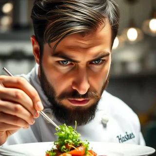 A close-up of a passionate chef in his late 30s as he plates a gourmet dish. He has a neatly trimmed beard, intense brown eyes, and a look of deep concentration. A few strands of his dark hair fall across his forehead as he carefully arranges micro-greens with tweezers. He's wearing a crisp white chef's jacket with his name embroidered on it. The background is slightly blurred, showing the bustling kitchen of a high-end restaurant.