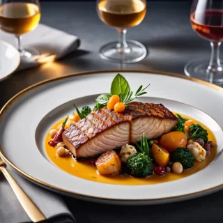 Food photography of a gourmet meal, with a shallow depth of field, elegant plating, and soft lighting