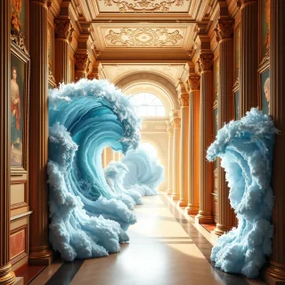 Create a hyper-realistic scene of a grand, classical hallway inside an opulent palace. The hallway is lined with towering columns and adorned with ornate, gilded paintings on the walls. Massive, powerful ocean waves surge through the corridor, crashing against the columns and splashing onto the walls. The waves are larger and more dramatic, reaching nearly halfway up the pillars, with foamy crests reflecting the bright light streaming in from an arched opening at the far end. The scene combines the elegance of the grand architecture with the raw power of the sea, creating a surreal, intense atmosphere of awe and wonder