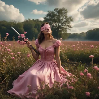 Horror-themed, cinematic film still of  <lora:Juxtaposition style:1> Juxtaposition of a blindfolded woman in a pink dress sitting in a boatin field,1girl,solo,long hair,brown hair,dress,weapon,flower,outdoors,sky,sword,cloud,tree,bird,realistic,blindfold Juxtaposition, artistic, photography, dramatic light, dramatic shadow light, contrast, saturated color, cinematic, filmic, photographic, realistic, realism, perfection, perfect, Juxtaposed, opposite, different things, side by side, syncretism, antithesis, Juxtaposition style, shallow depth of field, vignette, highly detailed, high budget, bokeh, cinemascope, moody, epic, gorgeous, film grain, grainy, Eerie, unsettling, dark, spooky, suspenseful, grim, highly detailed