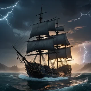 masterpiece, best quality, 32k, ((fantasy art Boris Vallego)), diffused and night soft lighting, skin indentation, (highly detailed skin:1.2), ( highly detailed backgrounds:1.4), ((clear and sharp background and surroundings:1.4)),  (( pirate heavy galeon Flying Dutchman, black sails raised, ocean, night, lightning, heavy  storm, huge waves,  space)),detailed textures, simple necklace, night lighting,