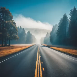 polaroid photo of a road, warm tones, perfect landscape, blue sky