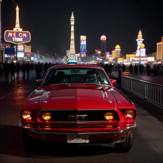 Photo of a classic red mustang car parked in las vegas strip at night