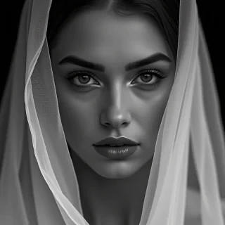 A poignant, photorealistic portrait of a stunning sexy European woman, wearing a sheer veil. Her gaze is powerful yet filled with melancholy. The raw purity of her emotions is perfectly reflected in the monochrome contrast of the image, shot using a Fujifilm X-Pro3 and a 35mm f/2 lens, stamped with 'AstraVision' marking its excellence.