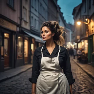 (designed by Alice Pasquini:0.9) , 70s illustration style of a Gloomy thicc traditional Hungarian Female Cook, her hair is Dark, tilt shift, Magic Realism, Embarrassing, Street Art, Dramatic spotlight, Circular polarizer, UHD