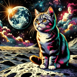Cat on the moon, comic book, marvel style, dc comic