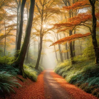 photograph, a path in the woods with leaves  and the sun shining , by Julian Allen, dramatic autumn landscape, ears, park, take off, peace, rich cold moody colours, hi resolution, oaks