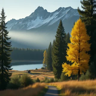 green and yellow trees rustic landscape, near a lake, in ice age, 8k --ar 2:3 --v 5 --s 750