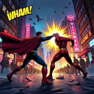 "A vibrant cinematic shot of a An explosive comic book scene showcasing a climactic battle between two superheroes. One hero is mid-punch, their cape billowing dramatically behind them, while the other braces for impact, energy crackling around their body. The background is filled with vibrant colors and exaggerated motion lines, conveying the speed and intensity of the fight. Debris and shattered concrete fill the air as buildings crumble in the distance. Bold, dynamic sound effects like 'WHAM!' and 'KABOOM!' leap from the page, adding to the epic atmospherebustling urban nightlife scene. The streets are alive with activity as people crowd around bars and neon-lit cafes. The reflections of colorful neon signs ripple across the rain-slicked streets, creating a mesmerizing kaleidoscope of light. In the foreground, a musician plays a saxophone under a streetlamp, their silhouette framed against the glow. The background features towering buildings with illuminated windows, adding to the urban atmosphere. Hyperdetailed, intricately detailed, soft focus, HDR, 8k, cinestill 800, photography award-winner