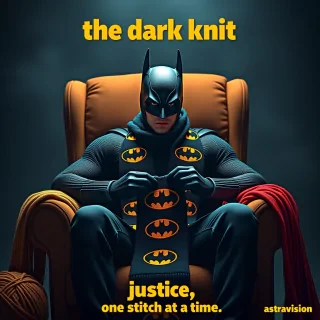 movie poster. A masked superhero sitting in a cozy chair, knitting a long scarf with bat symbols, surrounded by yarn; cinematic movie poster, top text "The Dark Knit" bottom text "Justice... one stitch at a time". Small text "AstraVision" at bottom right corner, Cinematic, Studio, Colorful