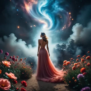 A swirling beautiful exploding scene of magical wonders and surreal ideas and objects with portraits of beautiful woman with silk back to camera, flowers, light, cosmic wonder, nebula, high-resolution