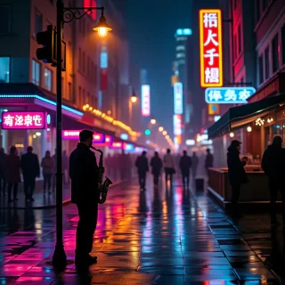 "A vibrant cinematic shot of a bustling urban nightlife scene. The streets are alive with activity as people crowd around bars and neon-lit cafes. The reflections of colorful neon signs ripple across the rain-slicked streets, creating a mesmerizing kaleidoscope of light. In the foreground, a musician plays a saxophone under a streetlamp, their silhouette framed against the glow. The background features towering buildings with illuminated windows, adding to the urban atmosphere. Hyperdetailed, intricately detailed, soft focus, HDR, 8k, cinestill 800, photography award-winner