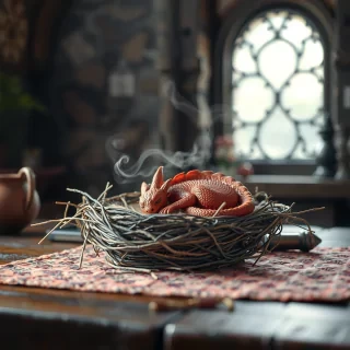 Photo realistic scene inspired by LOTR: [A tiny red dragon sleeps curled up in a nest on a medieval wizard's table]. Shot with a macro lens (f/2.8, 50mm) and a Canon EOSR5, the soft focus captures [the cozy morning light filtering through a near by window]. The pastel colors and whimsical steam shapes enhance the serene atmosphere, evoking a DnD RPG setting. The image is rendered in 16K and 8K, highlighting [the intricate details and medieval charm].