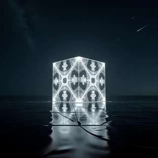 A glowing cube floats serenely in the middle of a vast black reflective surface, its fractal designs pulsating in hypnotic patterns. Stars stretch infinitely across the night sky, some falling in brilliant streaks of light. Surrounding the cube, faint reflections of cosmic objects—a distant planet, a shimmering nebula—mirror perfectly on the ground, creating an illusion of endless space. Tiny drones buzz around the cube, analyzing its structure, their lights blinking rhythmically. Meteors streak across the sky in the distance, casting brief flashes of light. The surface beneath the cube ripples slightly, as if reacting to its presence. Shot in ultra-realistic detail with a Fujifilm GFX 100S using long exposure, every pulse of light, star, and ripple is captured with cosmic clarity. Inspired by Hiroshi Sugimoto’s precision and otherworldly compositions, the scene feels vast, mysterious, and teeming with subtle, galactic life