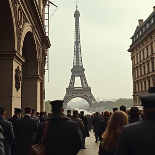 A photograph from [the opening of the Eiffel Tower in Paris in 1889] captures the monumental occasion with a grand, historic ambiance. The image shows [the towering iron structure, still under construction, against a backdrop of a bustling Parisian skyline]. Crowds of people, dressed in late 19th-century attire, are gathered around, marveling at the iconic new landmark. The photograph exudes a sense of excitement and wonder as [Parisians celebrate the unveiling of this groundbreaking architectural feat].