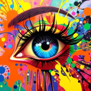 A vibrant and colorful artistic representation of an eye. The eye is the central focus, with its iris exhibiting a spectrum of colors ranging from reds to blues. Surrounding the eye are abstract patterns and shapes in a myriad of colors, including oranges, yellows, greens, and blues. Some of these patterns resemble fluid or paint splatters, while others have a more structured, almost psychedelic appearance. The eye's eyelashes are prominently depicted, and they seem to be made of thick, black strands. The overall feel of the image is dynamic, energetic, and evocative of intense emotion or creativity