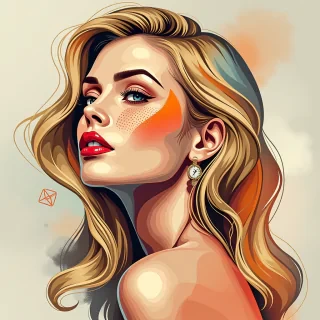 A stunning, modern art depiction of a blonde woman with soft, flowing hair, her beauty captured in abstract geometric shapes and bold, vibrant colors. Her features are delicately outlined with intricate patterns, blending realism with artistic expression. The background is a minimalist blend of soft pastels and textured brushstrokes, emphasizing her graceful silhouette and serene expression. The overall composition exudes elegance and sophistication, celebrating both her beauty and the creativity of modern art.