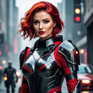 masterpiece, best quality, cute woman, sci-fi armor with black and red colors, glowing elements, redhair