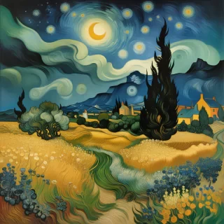A (((dreamlike scene))) where the swirling (((cosmic colors of Vincent van Gogh's Starry Night))), the surreal (((celestial precision of Salvador Dali's universe))), and the atmospheric skies of J.M.W. Turner's paintings intertwine, with a (((fantastical creature))) at its core, incorporating the whimsy of Hieronymus Bosch's creatures, the organic flow of Alphonse Mucha's art nouveau lines, and the biomechanical touch of H.R. Giger's style, all in a full spectrum of vibrant colors that defy the boundaries of reality