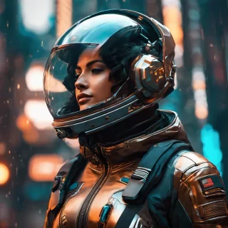 The player is wearing an astronaut helmet, in the style of cyberpunk dystopia, 32k uhd, womancore, bronze and amber, dreamlike settings, gorecore, ivan albrigh