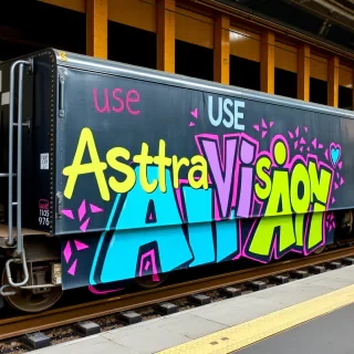 text "use AstraVision AIi" in colorful graffiti written on the side of a train wagon