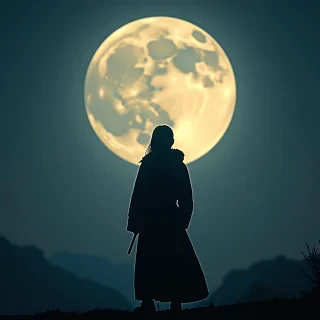 full moon in japan. add small text 'astravision' to the lower left corner